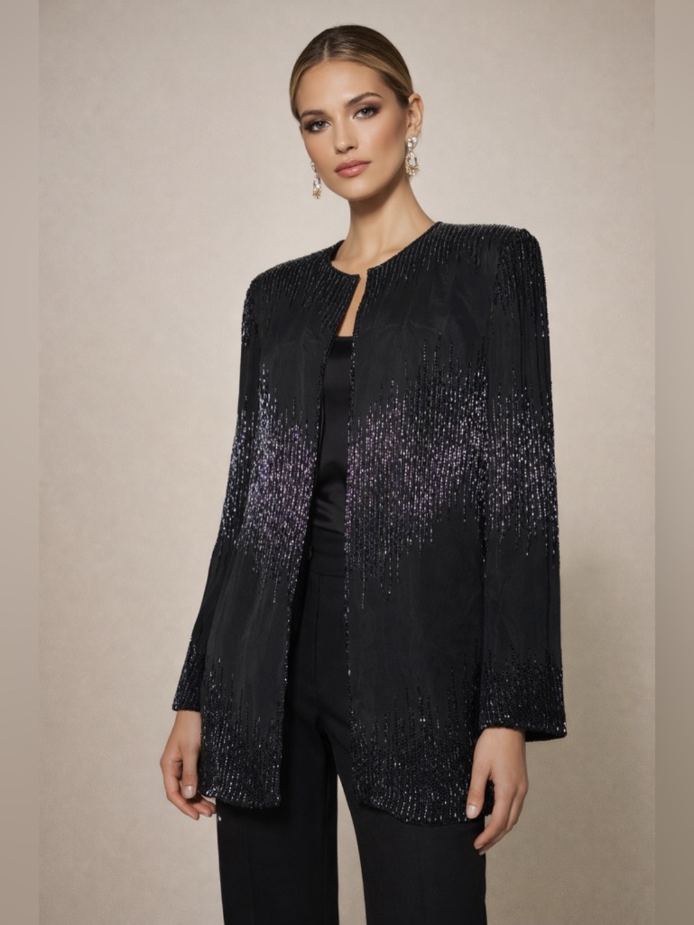 Rare Find—Vintage J Kara New York Silk Beaded Shimmery Long Evening Jacket, S